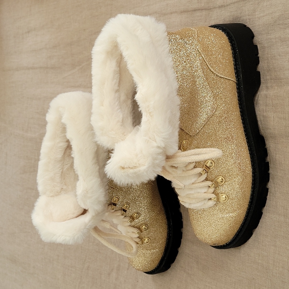 KATY PERRY Gold Glitter Lug Sole Henry Boot 8M